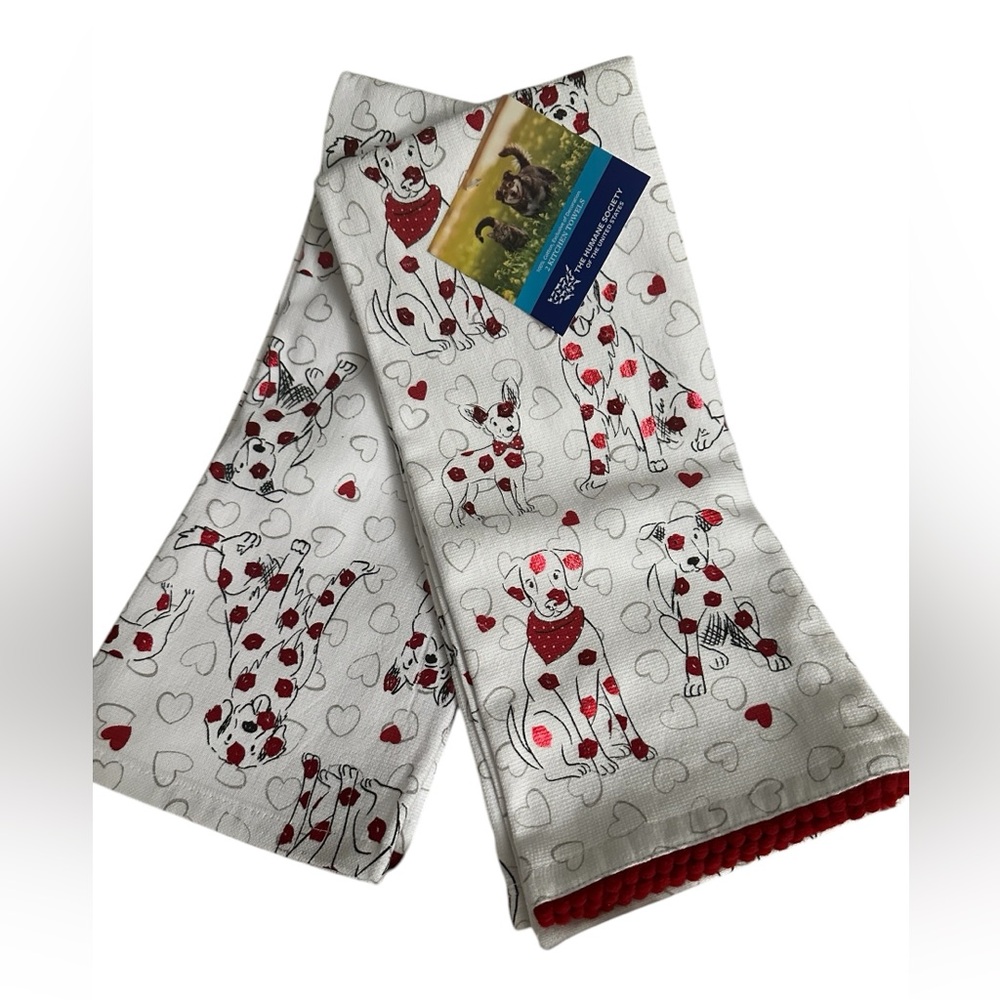 Humane Society Dogs Kitchen Towels w/Red Trim & Foil Lips, set of 2 Towels NWT